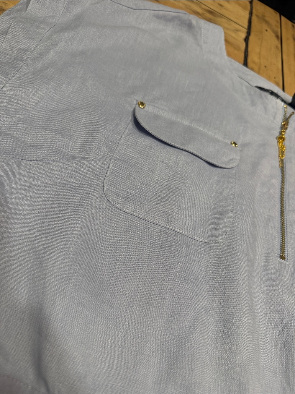 Ellen Tracy Linen Light Blue Drawstring Tunic Top - Picture 6 of 9